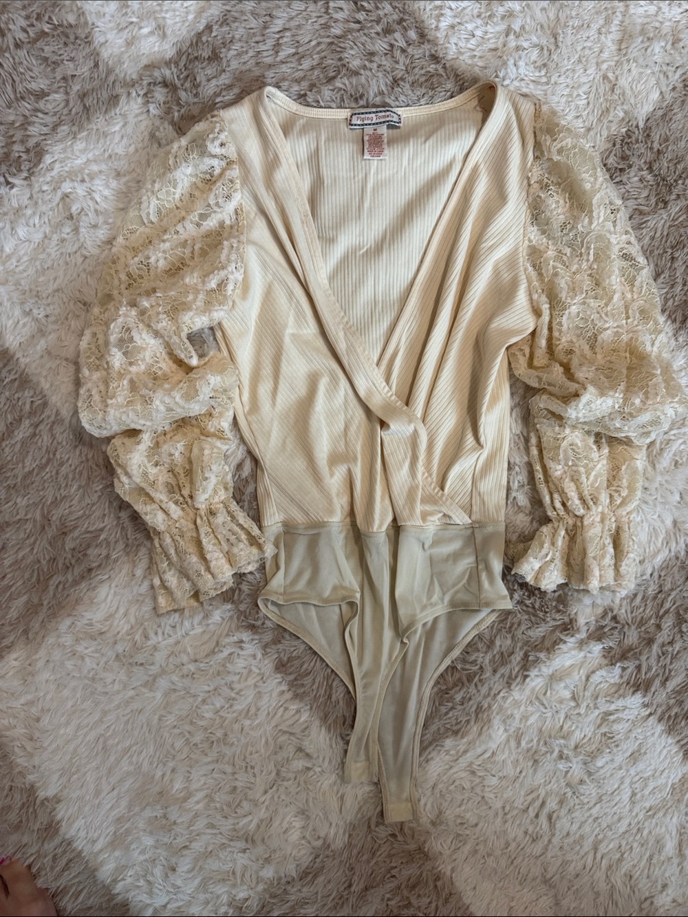 Flying Tomato Cream Lace Puff-Sleeve Bodysuit
